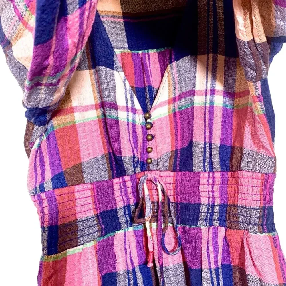 Pilcro Anthropologie Plaid Peplum Smocked Waist Long Sleeve Top Pink Navy Small